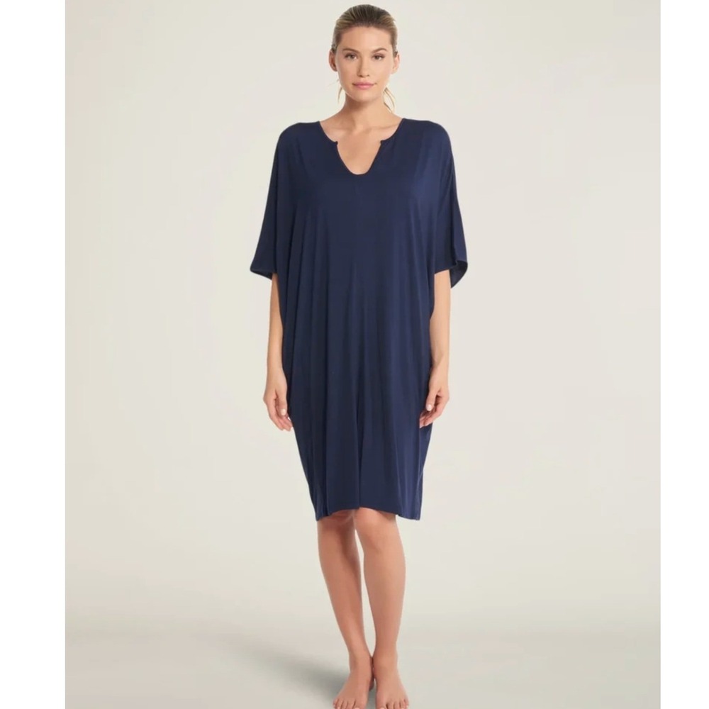 Barefoot Dreams Caftan Luxe Milk Jersey One Size Indigo Blue Short Gown